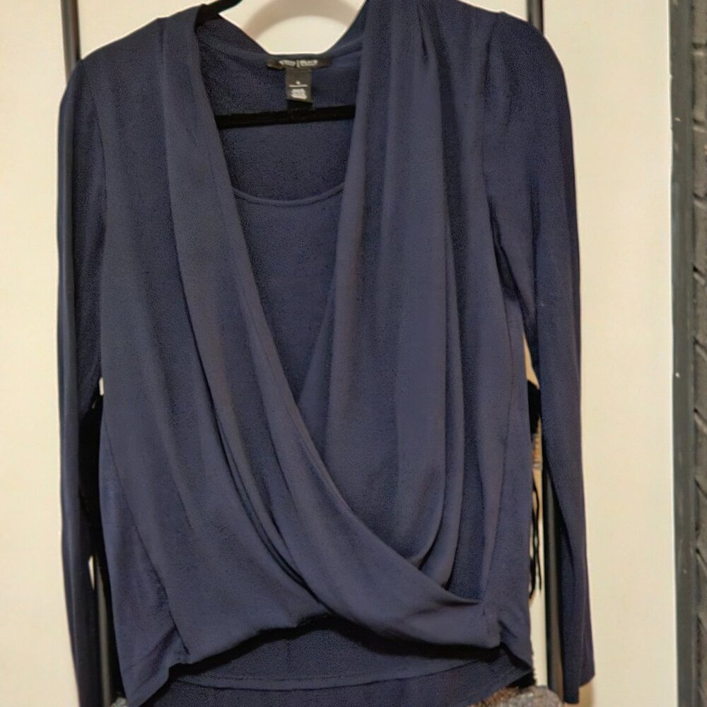 White House Black Market Womens' Navy Draped Surplice Blouse Long Sleeve Size S